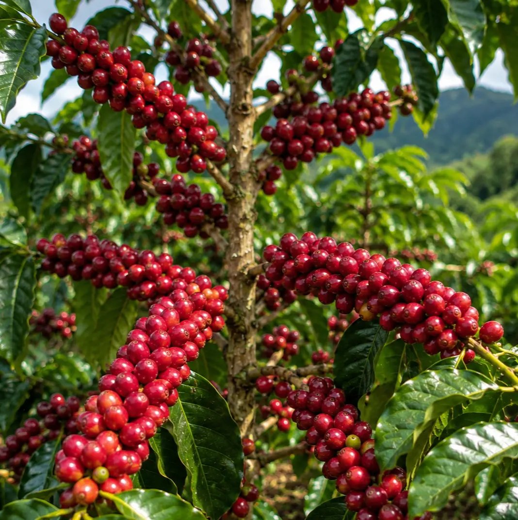 Grãos de café maduros num cafezal