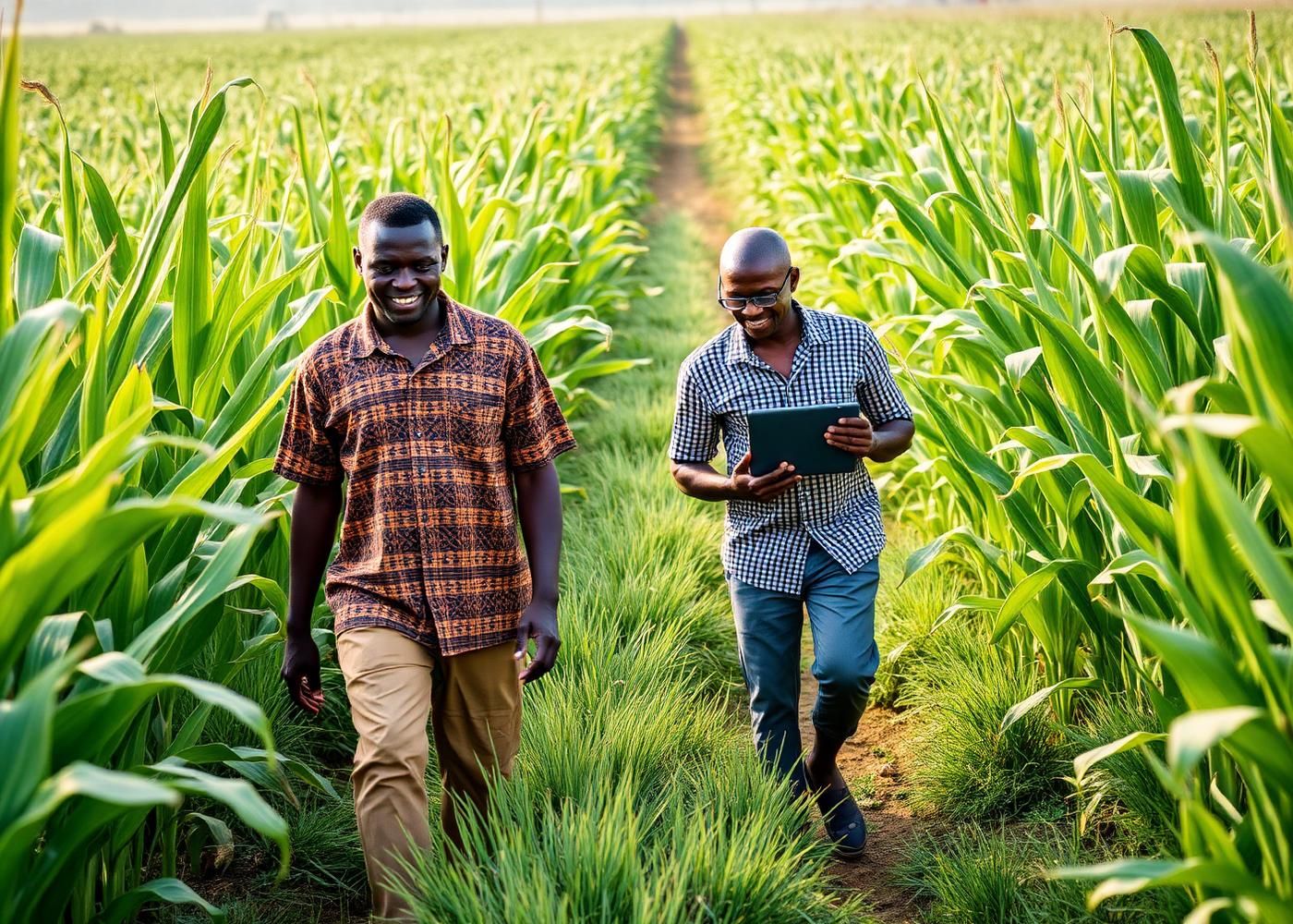 Agricultores e agrónomo em campo de milho