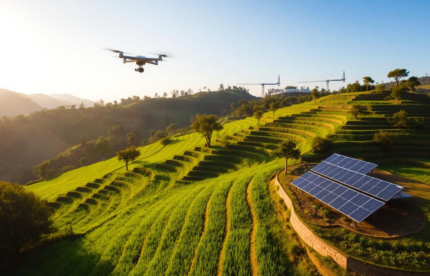 Drone sobre campos agrícolas com painéis solares